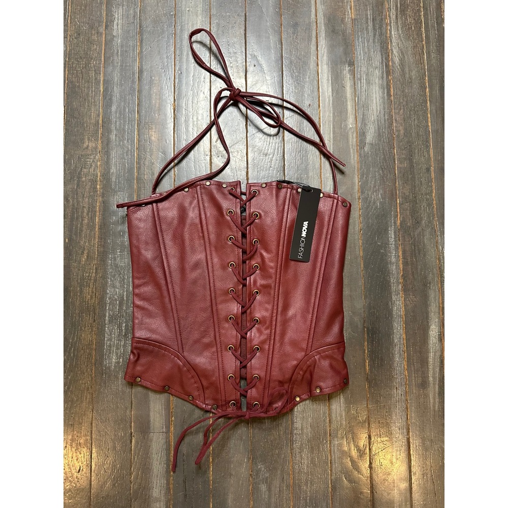 Fashion Nova Sienna Faux Leather Corset Top Burgundy Lace Up Halter